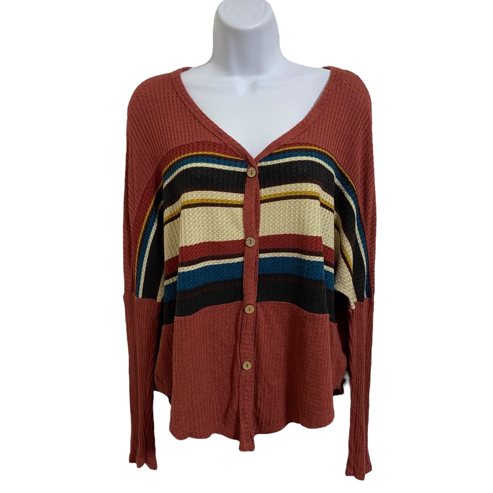 ODDY Women's Aztec Waffle Knit Button Down Southwest Striped Made in USA‎ Top M